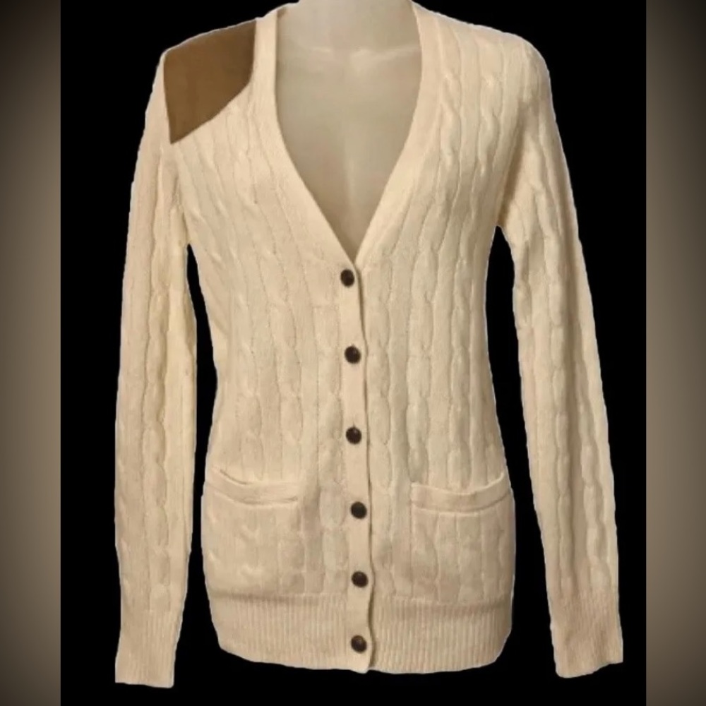 Ralph Lauren Women’s Cable Knit Cardigan Sweater Leather Patch Size XS